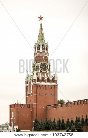 Old tower of Kreml on a red square Moscow Russia.