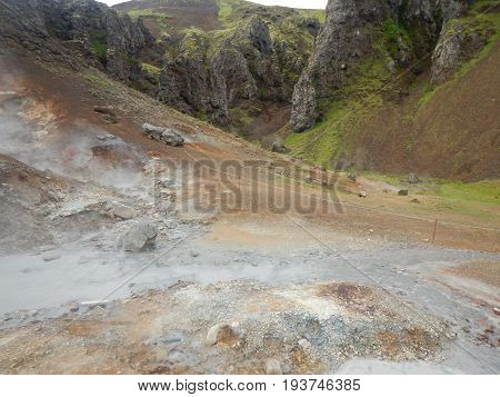 Hveragerdi Valey Of Hot Streams And Waterfalls In Iceland