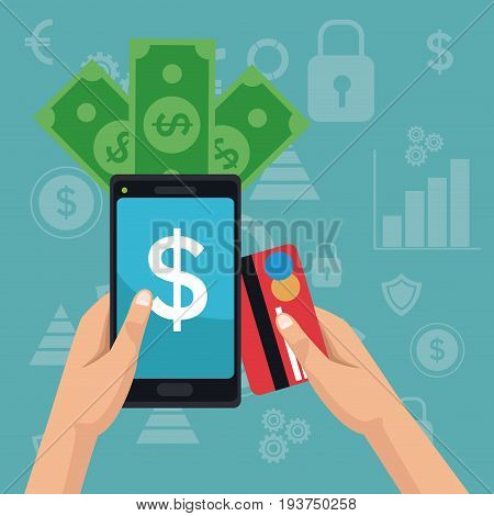 color background analytics investment icons and hand holding a smartphone with bills and debt card vector illustration