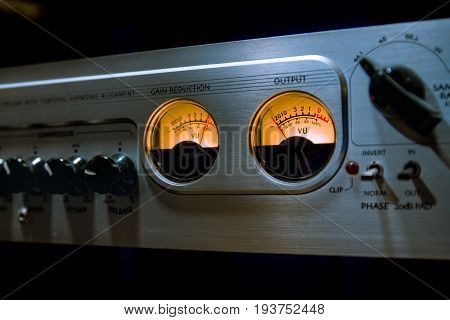 Sound Mixer Equalizer With Many Buttons And Vu Meter In Recording Studio