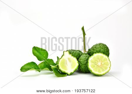 Bergamot (Kaffir lime) fruits with leaf isolated on white background.