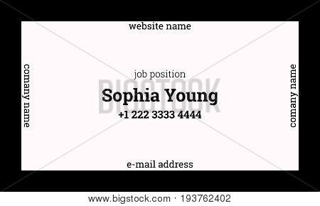 Black and pink business card template. US standard size 3.5x2 in. With bleed size 0.125 in. Vector. Minimal and official style. Square concept.
