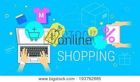 Online shopping on laptop concept vector illustration. Human hands typing on laptop and tablet keyboard for ordering and buying goods with promo price and discounts. Creative e-commerce blue banner