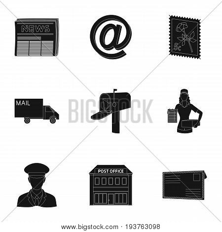 Postman, envelope, mail box and other attributes of postal service.Mail and postman set collection icons in black style vector symbol stock illustration .