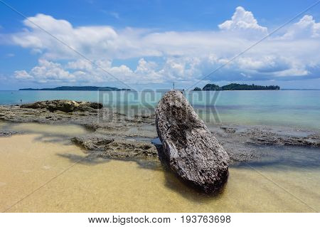 Tropical beach background and wonderful nature landscape with sandy beach with beautiful coral in Rusukan Besar island,Labuan,Malaysia.