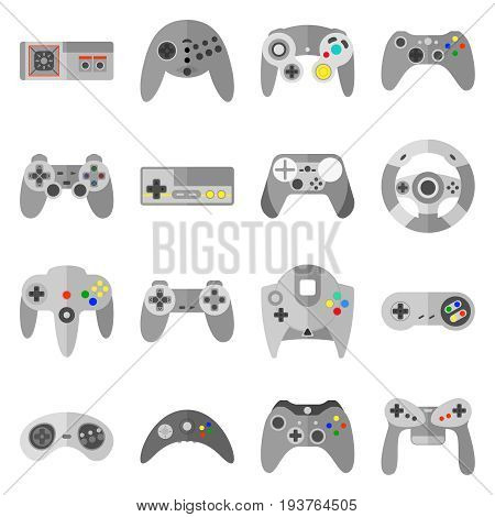 Different game controllers. Vector illustrations set of computer joy sticks. Collection of joystick for game controller console