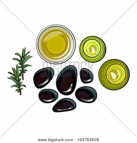Set of spa salon accessories - basalt stones, massage oil, candles sketch vector illustration on white background. Spa set - stones, massage oil, candles