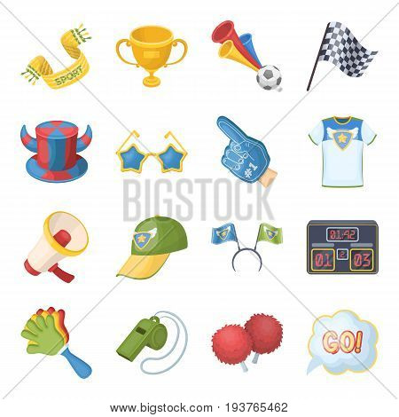 Ball, Dudko, cap, flag, Megaphone and other accessories. Fans set collection icons in cartoon style vector symbol stock illustration .