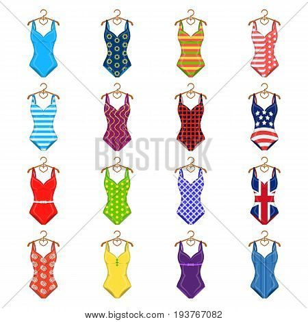 To relax on the beach, a pool of colorful swimsuits. Swimsuits set collection icons in cartoon style vector symbol stock illustration .