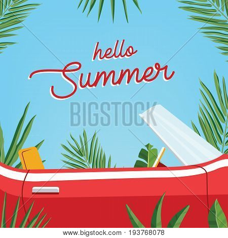Hello summer poster. Trendy banner presenting summer season with classic retro car and palm leaves against blue sky. Colorful vector illustration