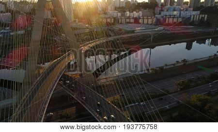 Sunset on Estaiada Bridge in Sao Paulo, Brazil