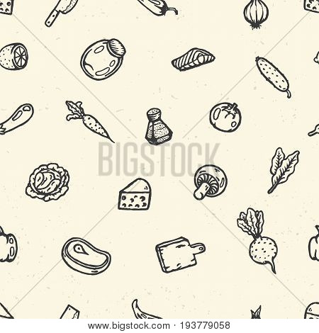 Set of food hand drawn doodles. Vector seamless pattern. Background for menu or another restaurant decoration.