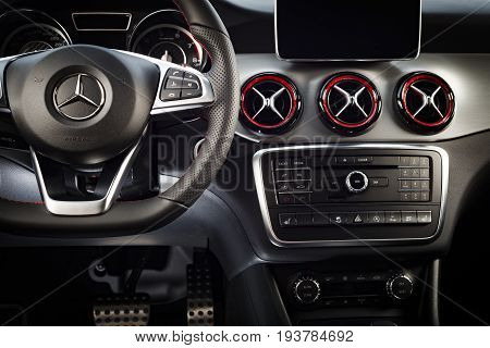 Sankt-Petersburg, Russia October 22, 2016 : Dashboard and steering wheel of Mercedes-Benz CLA 45 2016 AMG interior, test drive on October 22 2016 in Russia.