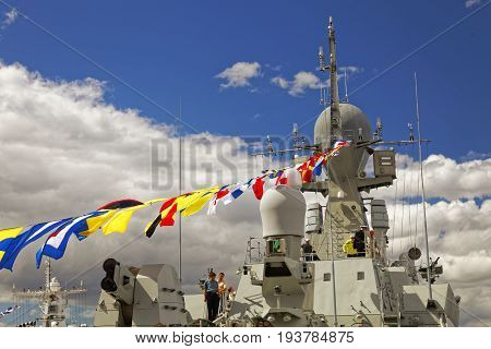 SAINT-PETERSBURG, RUSSIA - 2 JULY 2017: The 8th International Maritime Defence Show in Saint-Petersburg, Russia