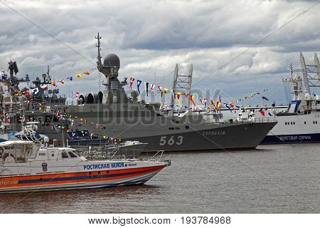 SAINT-PETERSBURG, RUSSIA - 2 JULY 2017: The 8th International Maritime Defence Show in Saint-Petersburg, Russia