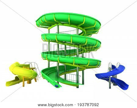 Waterpark Slides Green Yellow Blue 3D Rendering On White Background No Shadow