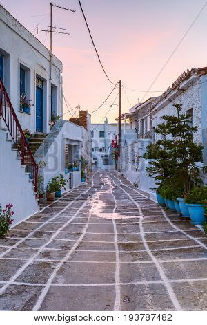Sunset in Chora village of Kythnos island in Greece.