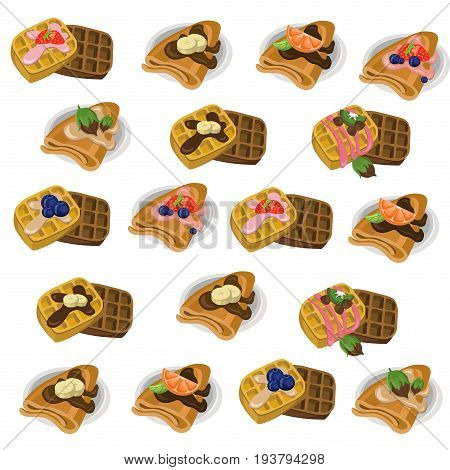 Pancakes and waffle set chocolate syrop and banana and fruits flavor Vector icon template retro style dotted backgrounds