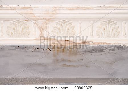 Wall paint that peels off and fades off due to moisture problems in wallcovering, needs repaired and repainted. Ruined by mold fungus and mildew plastering plaster ceiling
