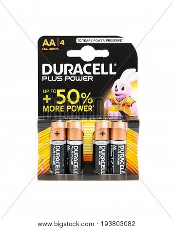 WREXHAM UK - MARCH 31 2017: Pack of four Duracell Plus Power AA batteries with up to 50% more power. On a white background.