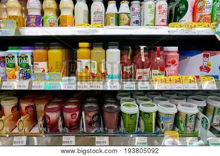 SEOUL, SOUTH KOREA - CIRCA MAY, 2017: goods on display at a CU convenience store. CU is a convenience store franchise chain in South Korea.