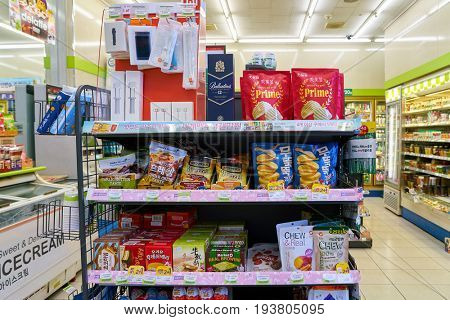 SEOUL, SOUTH KOREA - CIRCA MAY, 2017: goods on display at a CU convenience store. CU is a convenience store franchise chain in South Korea.
