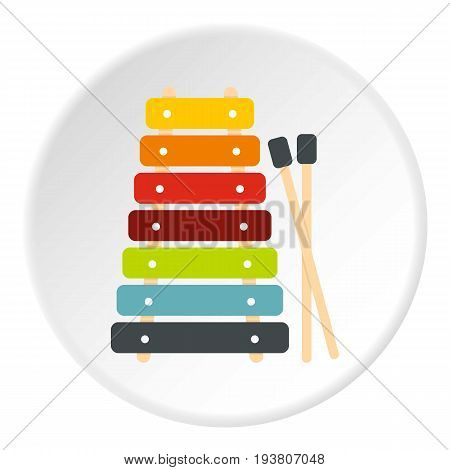 Colorful xylophone toy and sticks icon in flat circle isolated vector illustration for web