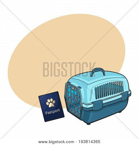 Travel with cats, dogs - plastic carrier and pet passport, sketch vector illustration with space for text. Hand drawn plastic pet carrier and passport, id for travelling with cats and dogs