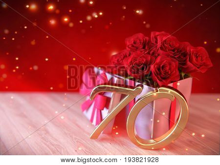 birthday concept with red roses in the gift on wooden desk. 3D render - seventieth birthday. 70th
