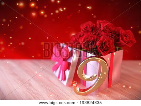 birthday concept with red roses in gift on wooden desk. 3D render - nineth birthday. 9th