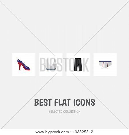 Flat Icon Garment Set Of Pants, Heeled Shoe, Underclothes And Other Vector Objects. Also Includes Pants, Underwear, Heeled Elements.
