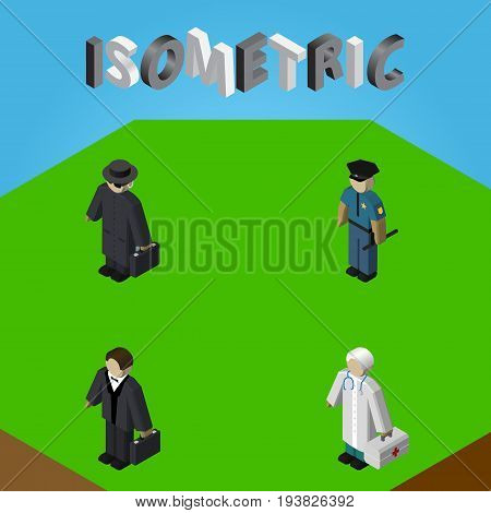 Isometric Person Set Of Medic, Detective, Officer And Other Vector Objects. Also Includes Police, Medic, Investor Elements.