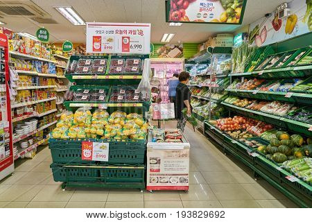 SEOUL, SOUTH KOREA - CIRCA JUNE, 2017: inside a grocery store in Seoul. CU is a convenience store franchise chain in South Korea.