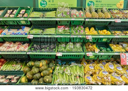 SEOUL, SOUTH KOREA - CIRCA JUNE, 2017: inside a grocery store in Seoul. CU is a convenience store franchise chain in South Korea.