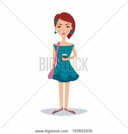 Pretty female student with a fashionable hairstyle in a bondi blue dress and earrings cartoon character vector Illustration isolated on a white background