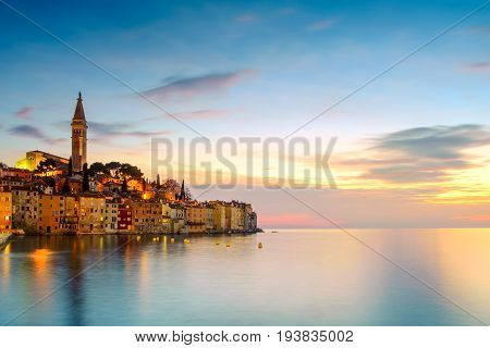 Rovinj old town at night in Adriatic sea coast of Croatia Europe
