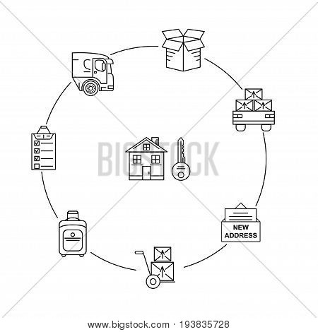 Moving. Thin line art icons. Flat style illustrations isolated. Line art icon infographic set