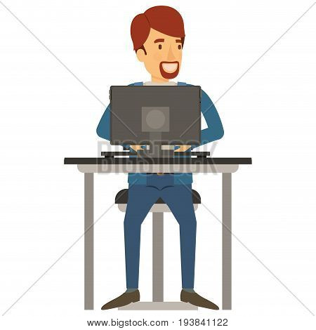 colorful silhouette of man with van dyke beard in casual clothes and brown hair and sitting in chair in desk with computer vector illustration