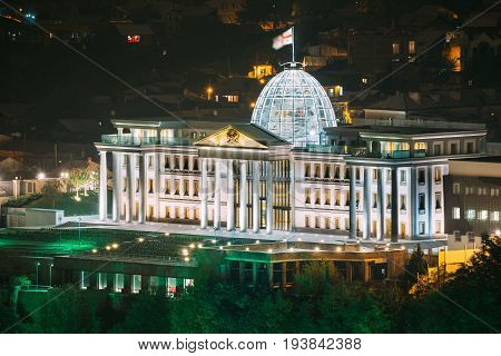 Tbilisi, Georgia. Presidential Administration Palace, Avlabari Residence In Night Illumination, Uptown Of Avlabari District. Famous Landmark