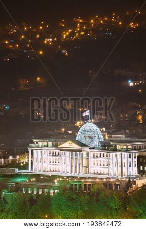 Tbilisi, Georgia. Presidential Administration Palace, Avlabari Residence In Night Illumination, Uptown Of Avlabari District. Famous Landmark
