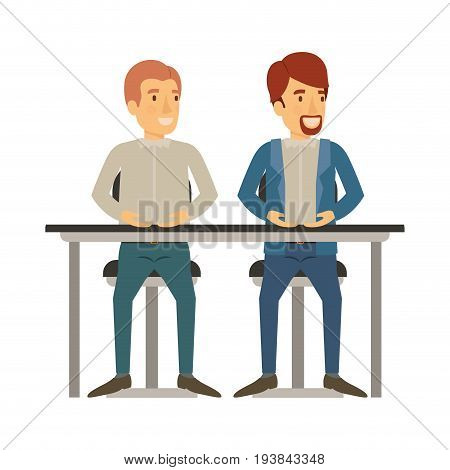 white background with men sitting in desk one with casual clothes and reddish hair and the other with formal clothes and van dyke beard vector illustration