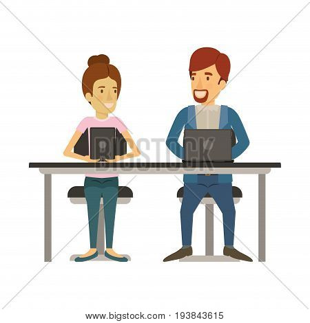 white background with teamwork of woman and man sitting in desk with tech devices and her with collected hair and him in casual clothes with van dyke beard vector illustration