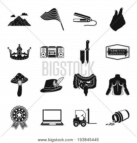 transportation, tablets, medicine and other  icon in black style. hunting, organ, weapons icons in set collection.