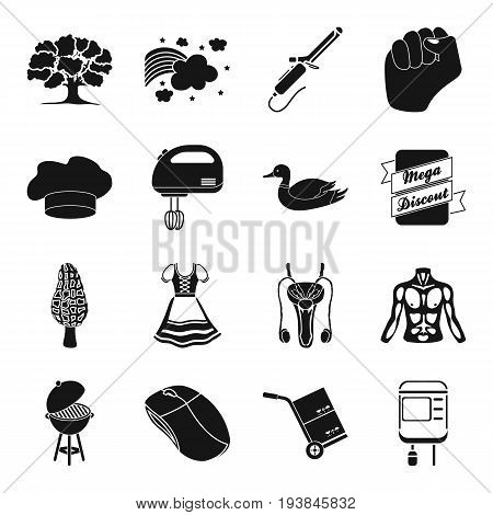 equipment, medicine, hairdresser and other  icon in black style. transportation, recreation, hunting icons in set collection.