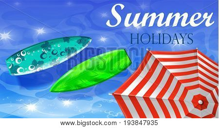 colorful umbrella floating surfing boards and water top view banner vector illustration
