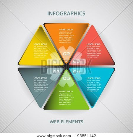 Vector infographics web element of different shapes and colors with text on the gradient gray background.