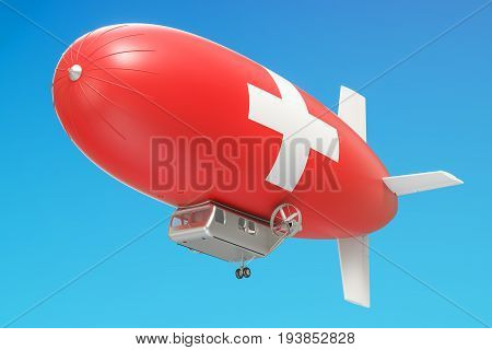 Airship or dirigible balloon with Switzerland flag 3D rendering