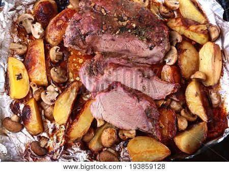 Grilled pork meat with potatoes. barbecue. Selective focus