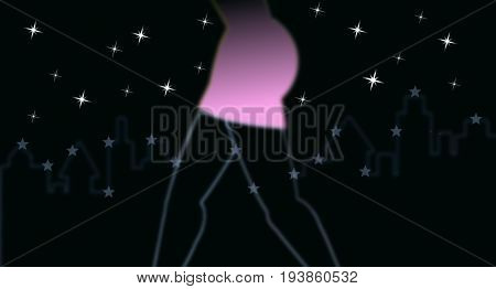 Illustration of a woman walking in the city. Black starred background. Woman wearing a pinkish dress
