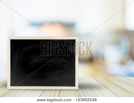 Blank Chalkboard, Blackboard On Table With Bokeh Blur Room Background With Copy Space, Blackboard On